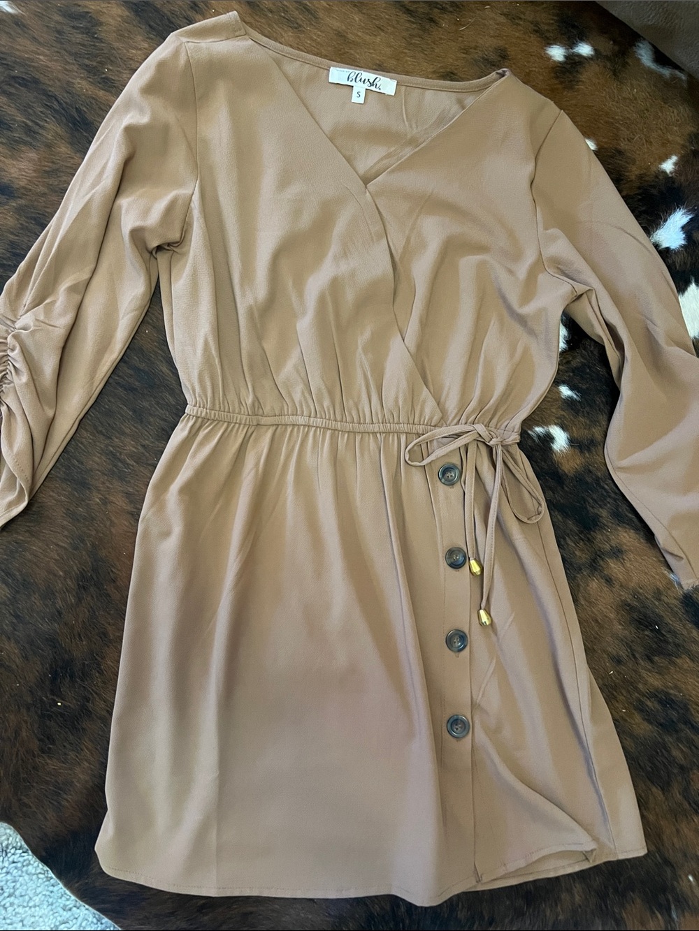 Chic Taupe Wrap-Style Mini Dress with Button Detail